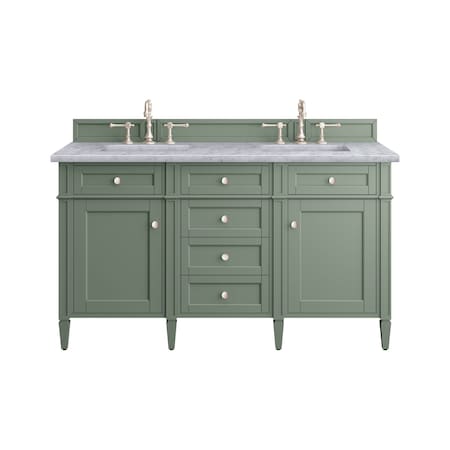 James Martin Vanities Brittany 60in Double Vanity, Smokey Celadon w/ 3 CM Carrara Marble Top 650-V60D-SC-3CAR